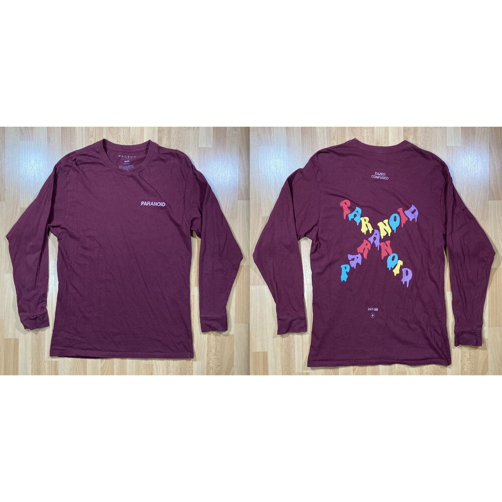 PacSun "Paranoid" Long Sleeve Graphic Tee (Men’s Size L) • Maroon Shirt • EUC